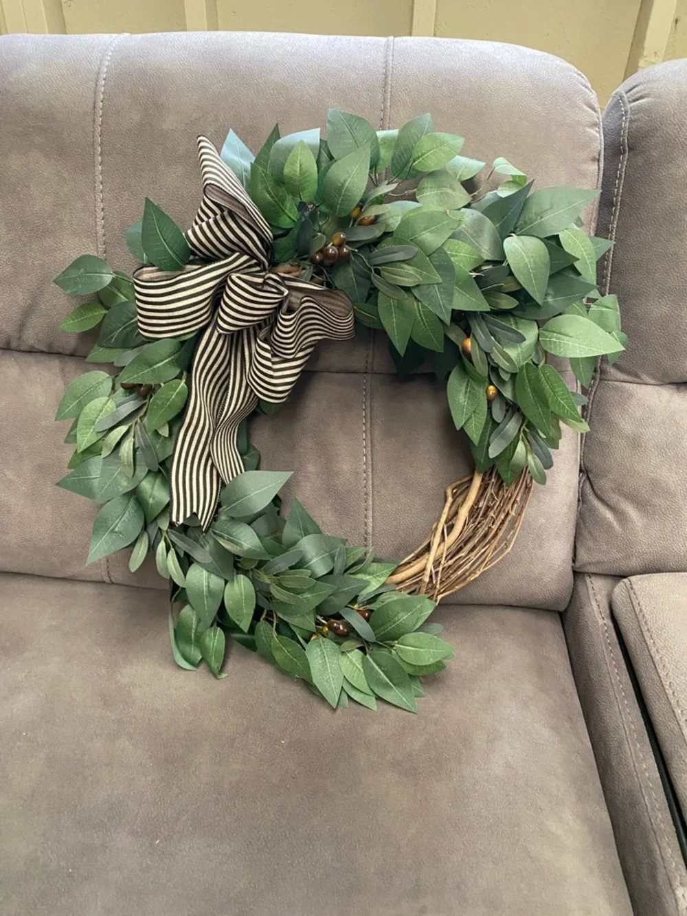 Green Willow Leaf Door Hanging Wreath with Striped Bow - Picture 1 of 5